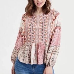 American Eagle boho embroidered tassel floral print top M